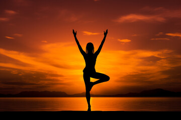 High Contrast Fitness: Woman Doing Yoga at Sunrise. Generative AI