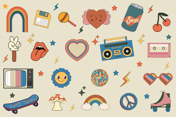 Groovy set hippie .Big set of items 70s. Retro icons in trendy 70s style. Vector icons: lips,video cassette,heart,daisy,flower, 3d glasses,lollipos,rainbow,smile face,mashrooms. Vector illustration