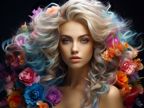 A captivating and beautiful blonde woman with colorful hair and expressive makeup exuding a mesmerizing allure. Vibrant and creative face. Generative AI