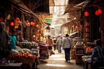 Arabic bazaar shopping in an outdoor market. Crowded - obrazy, fototapety, plakaty