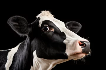 Foto op Aluminium Professional studio shot portrait of the black cow with white spots, looking into the camera. © Topuria Design