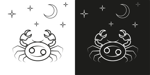 Cancer zodiac sign is represented by a crab, illustration in black and white. Horoscope symbol icon vector graphics, cards, symbol, tattoo, astrology.