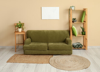 Interior of living room with cozy green sofa, shelving unit and houseplants
