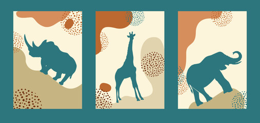 Abstract vector African backgrounds with animals. Flat style modern vertical illustrations in muted pastel colors, poster for interior design, social media, postcards. Vector illustration © Мария Неноглядова
