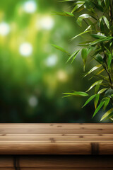 Fototapeta na wymiar Wooden table on bamboo plant background. Generative AI