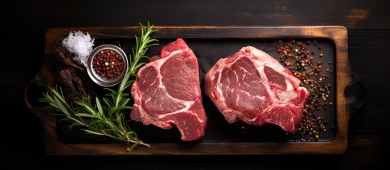 raw lamb meat chops and steaks arranged in a wooden tray on a black background. captured from a top