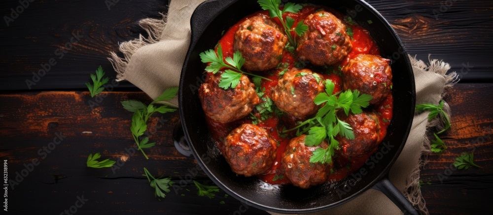 Poster top view of meatballs made from a combination of beef and pork meat, cooked in a rustic pan with tom