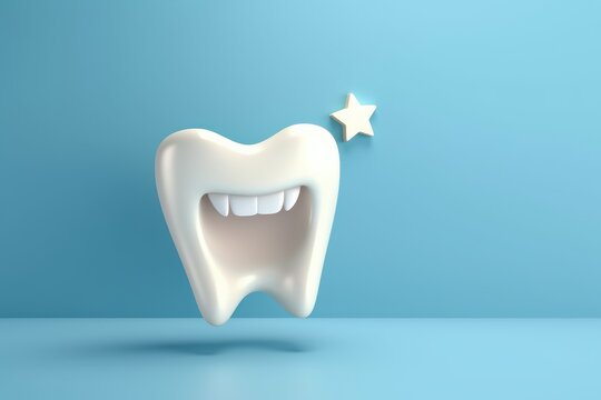 3D illustration of a white tooth with an open mouth on a blue background. Oral care concept.