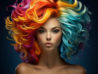 Fototapeta premium A dazzling woman in makeup with colored hair in a captivating visual symphony of color and beauty. Vibrant and creative face. Generative AI