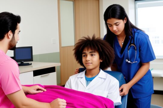 medical specialist conducts  the patient reception in the hospital. adolescent athletic boy with big hairs take consult from medical spe . Healthcare and wellness concept.