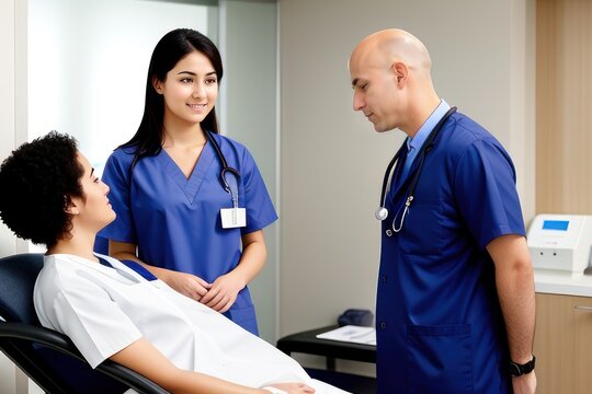 medical specialist conducts  the patient reception in the hospital. adolescent athletic female with bald hairs take consult from medical . Healthcare and wellness concept.