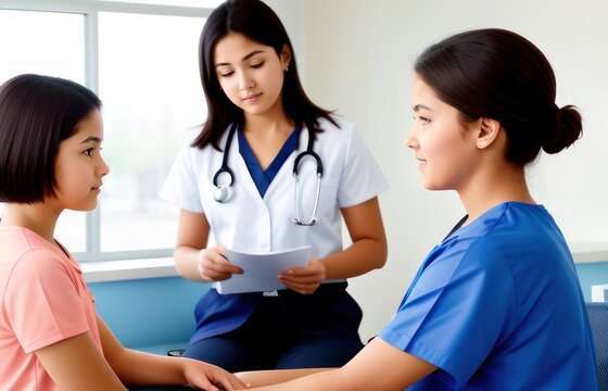 medical specialist conducts  the patient reception in the hospital. adolescent athletic girl with very short hairs take consult from med . Healthcare and wellness concept.