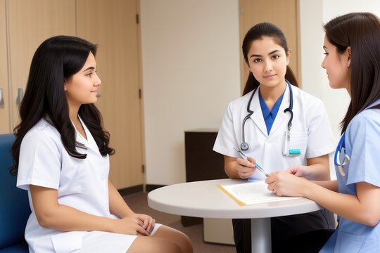 medical specialist conducts  the patient reception in the hospital. adolescent athletic girl with medium hairs take consult from medical . Healthcare and wellness concept.