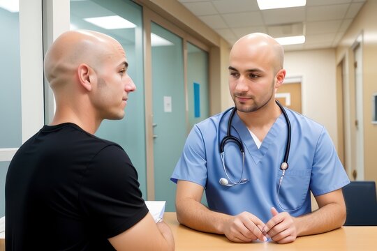 medical specialist conducts  the patient reception in the hospital. adolescent athletic handsome man with bald hairs take consult from m . Healthcare and wellness concept.
