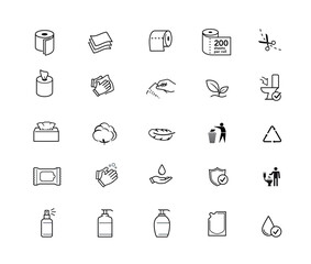 Set of icons for hygiene products. Vector illustration isolated on white background. Perfect for paper roll, wet wipes, kitchen towel, napkin, tissues, pads and etc. Stroke sign, easy change. EPS10.	