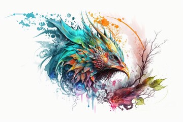 Obraz na płótnie Canvas Colorful bird with feathers isolated on white background. Watercolor illustration