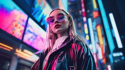 Futuristic street fashion portrait in an abstract digital cityscape, neon colors, anime - inspired,...