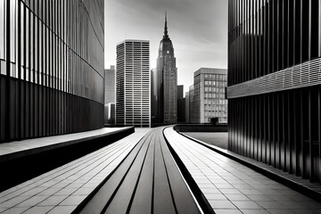 city skyscrapers, A sleek and minimalist black and white modern building facade stands proudly against the city skyline.  - Powered by Adobe