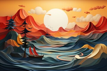 Sea waves view with evening sunset. Beautiful landscape. Abstract modern digital colorful art.