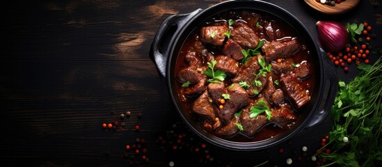 A picture of Meat Stew, with beef stewed in red wine sauce, viewed from the top with copy space. The - obrazy, fototapety, plakaty