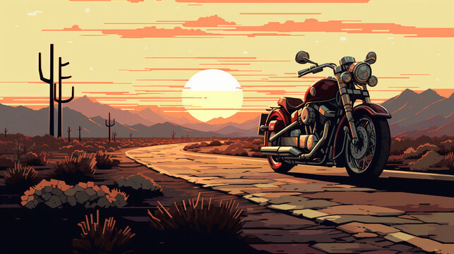 Retro, side - scroller perspective of a classic motorcycle on Route 66, atmospheric sunset, desert environment, cacti, empty billboards, tumbleweed, nostalgic, clean, simple