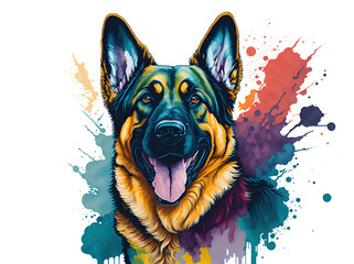 Vibrant Watercolor Portrait: German Shepherd Dog in Radiant Hues on Clear Background - Generative AI