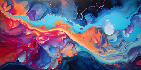 Abstract acrylic pour painting on canvas, swirls of vibrant colors creating a psychedelic effect, glossy finish