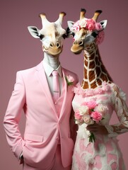 A male giraffe wearing a pink suit and tie, and a female giraffe wearing a bridal pink dress and a bouquet of roses. Illustration. Generative AI - obrazy, fototapety, plakaty