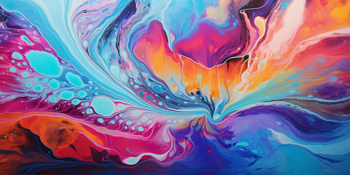 Abstract acrylic pour painting on canvas, swirls of vibrant colors creating a psychedelic effect, glossy finish