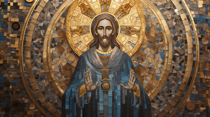 Byzantine mosaic art piece, shimmering gold tiles creating a religious icon, focus on intricate details and reflective light - obrazy, fototapety, plakaty