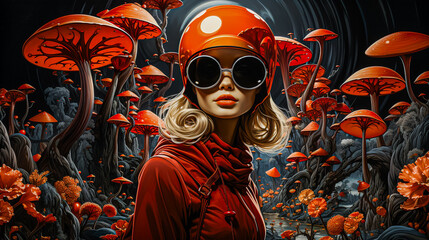 Red alien mushroom world, red mushroom fantasy. Girl in big goggles in red mushroom forest.
