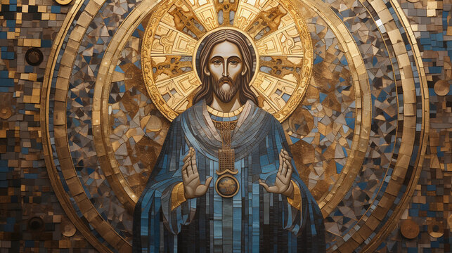 Byzantine mosaic art piece, shimmering gold tiles creating a religious icon, focus on intricate details and reflective light