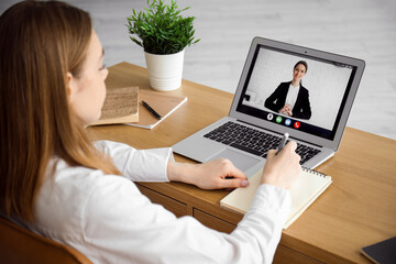 Young woman having job interview online at home