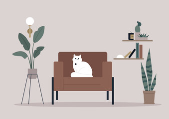 A white fluffy cat sitting in a leather armchair, a hipster interior with potted plants and bookshelves