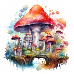 Mushroom universe full of mushroom city, watercolor effect mushroom details, white background, suitable for digital clipart, bright colors, cartoon. Generative AI