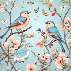 Seamless pattern, Pastel, flowers and birds. Generative AI