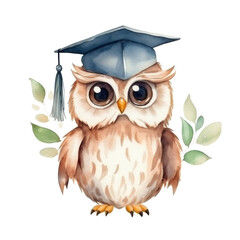 Naklejka premium Cute watercolor owl in graduarion cap isolated