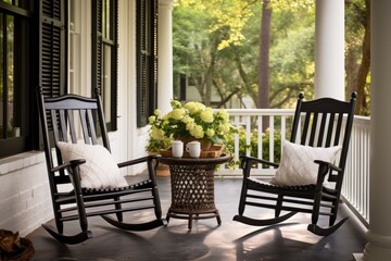 A casual ambiance is created on the front porch of a Southern home adorned with black rocking chairs.