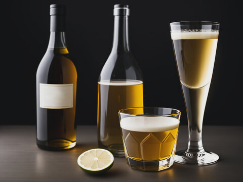 two bottles of alcohol and a glass of beer on a wooden tray with a lemon and a lime slice