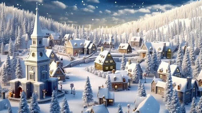 A wintry, snowy miniature village with illuminated windows. Winter and Christmas season concept motif.