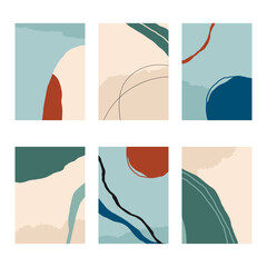Set of 6 vertical abstract backgrounds or card templates in modern colors, in popular art style