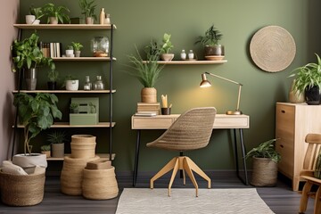 A chic and fashionable home office area showcasing a wooden desk, forest inspired accents, a vibrant avocado plant, a bamboo shelf, various plants, and decorative rattan items. The overall decor of