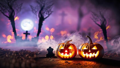 halloween pumpkins on a scary night background, horror background, halloween background, Generative AI
