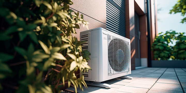 Air heat pump near modern house.	
