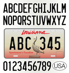 Louisiana State car license plate pattern, letters, numbers and symbols, vector illustration, USA