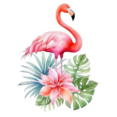 Cute watercolor flamingo with tropical flowers isolated