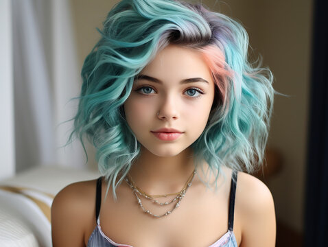 A stunning little girl with colorful hair and makeup in a captivating visual symphony of color and beauty. Vibrant and creative face.