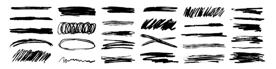 Charcoal scribble stripes and bold paint shapes. Dirty ink stencils or artistic marker doodle rouge hand-drawn scratches. Vector illustration of horizontal waves, squiggles, underlines, frames