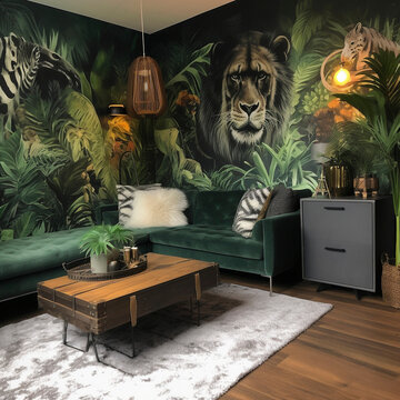 Illustration of lion  painting in a safari themed bedroom 