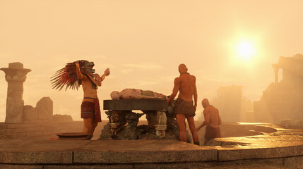 ancient Mayan tribe , priest brings human sacrifices 3d render